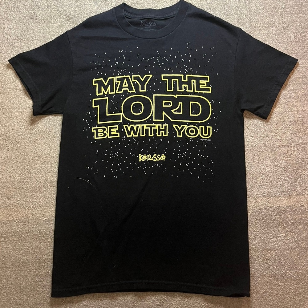 Kerusso Christian T-Shirt Mens Small Black May The Lord Be With You Parody Tee